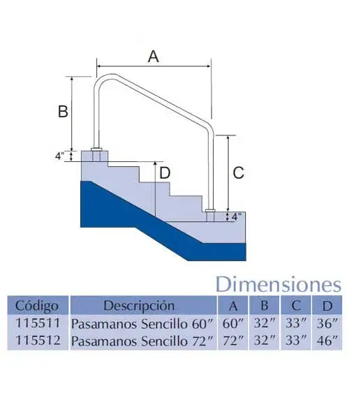 Pasamanos sencillo 60″ en acero inoxidable